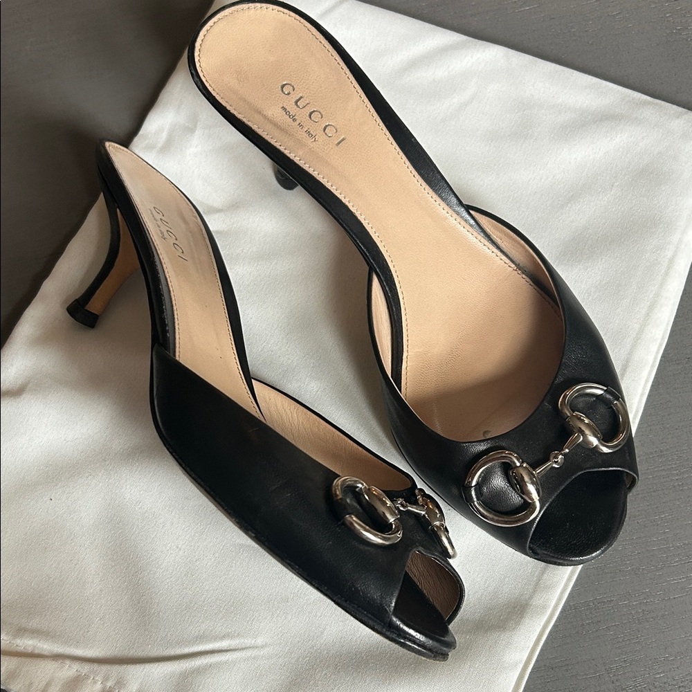 Gucci Black Open-Toe Heels with Silver Accents